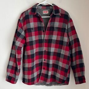 Wrangler Men Red gray Plaid Shirt jacket Shacket fleece lined quilted flannel M